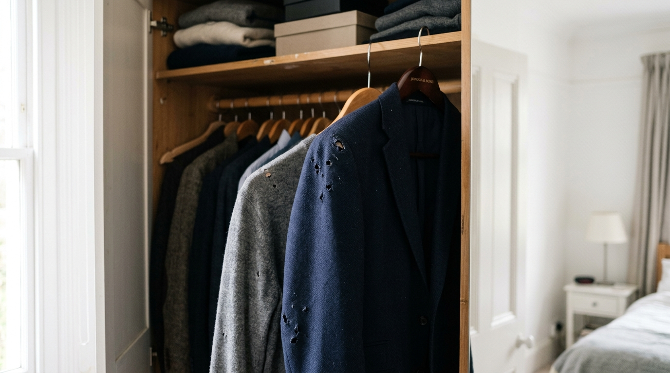 An open wardrobe showing wool clothing with moth damage holes in the fabric