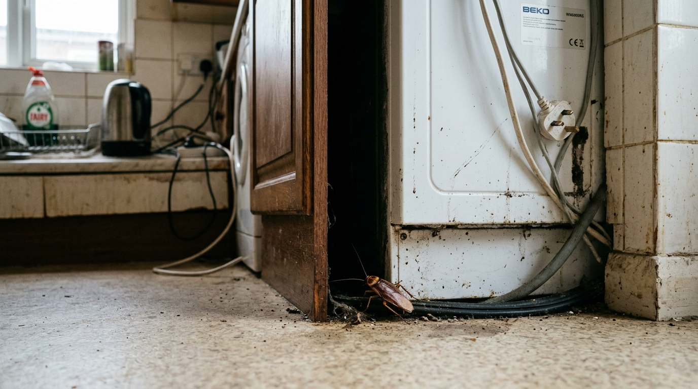 A cockroach at the edge of a dark gap behind a kitchen appliance