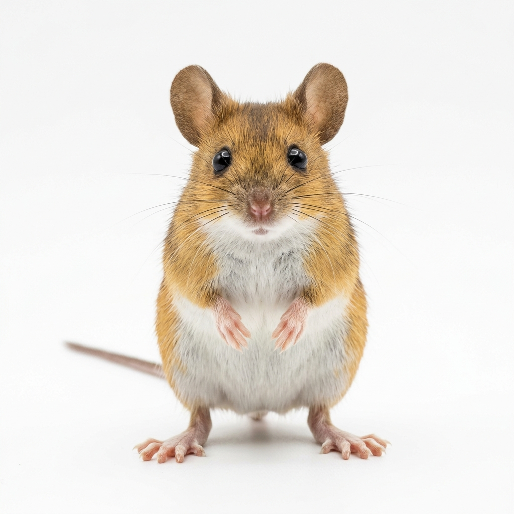 A UK field mouse, also called a wood mouse, with sandy brown fur and a white belly