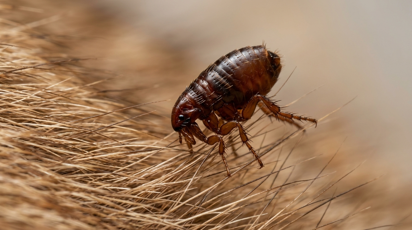 A close-up of a single flea on short pet fur
