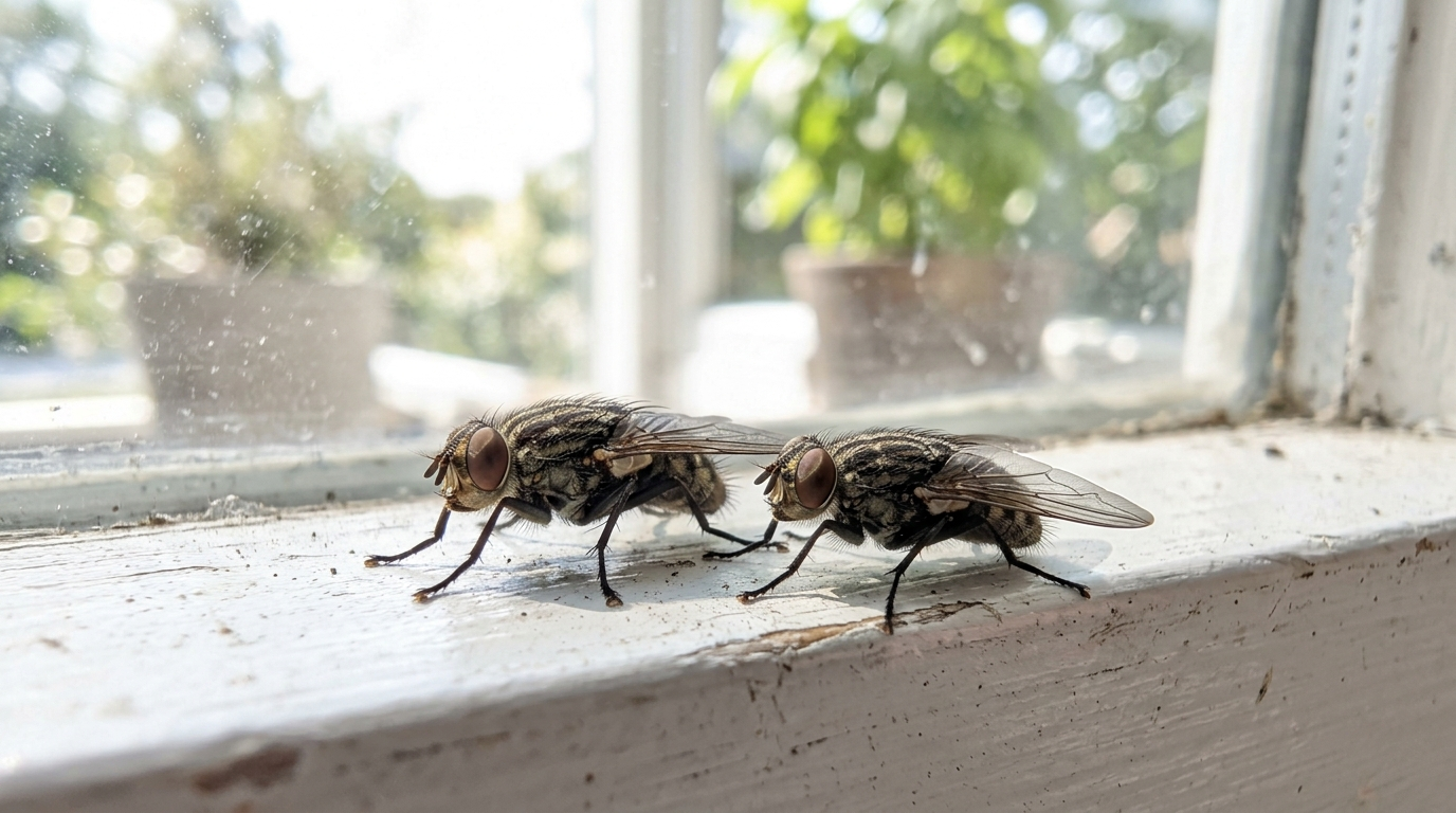 Two houseflies resting on a kitchen windowsill with bright daylight behind them