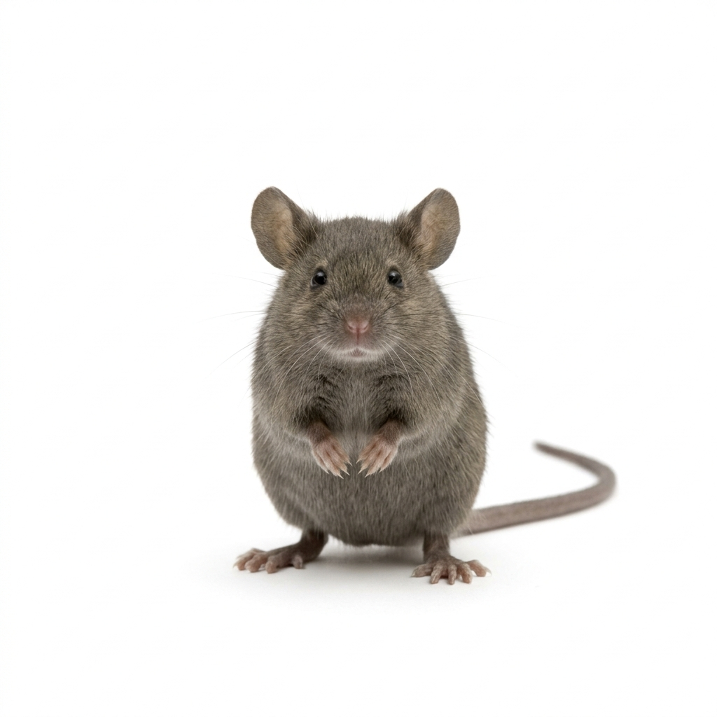 A UK house mouse with uniform grey-brown fur and smaller ears