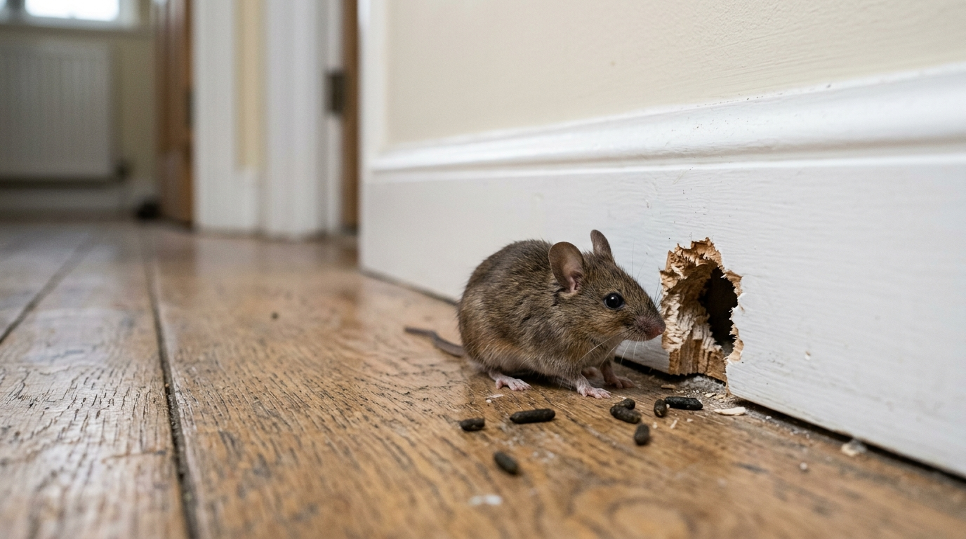 A house mouse beside a chewed hole in a white skirting board with droppings nearby