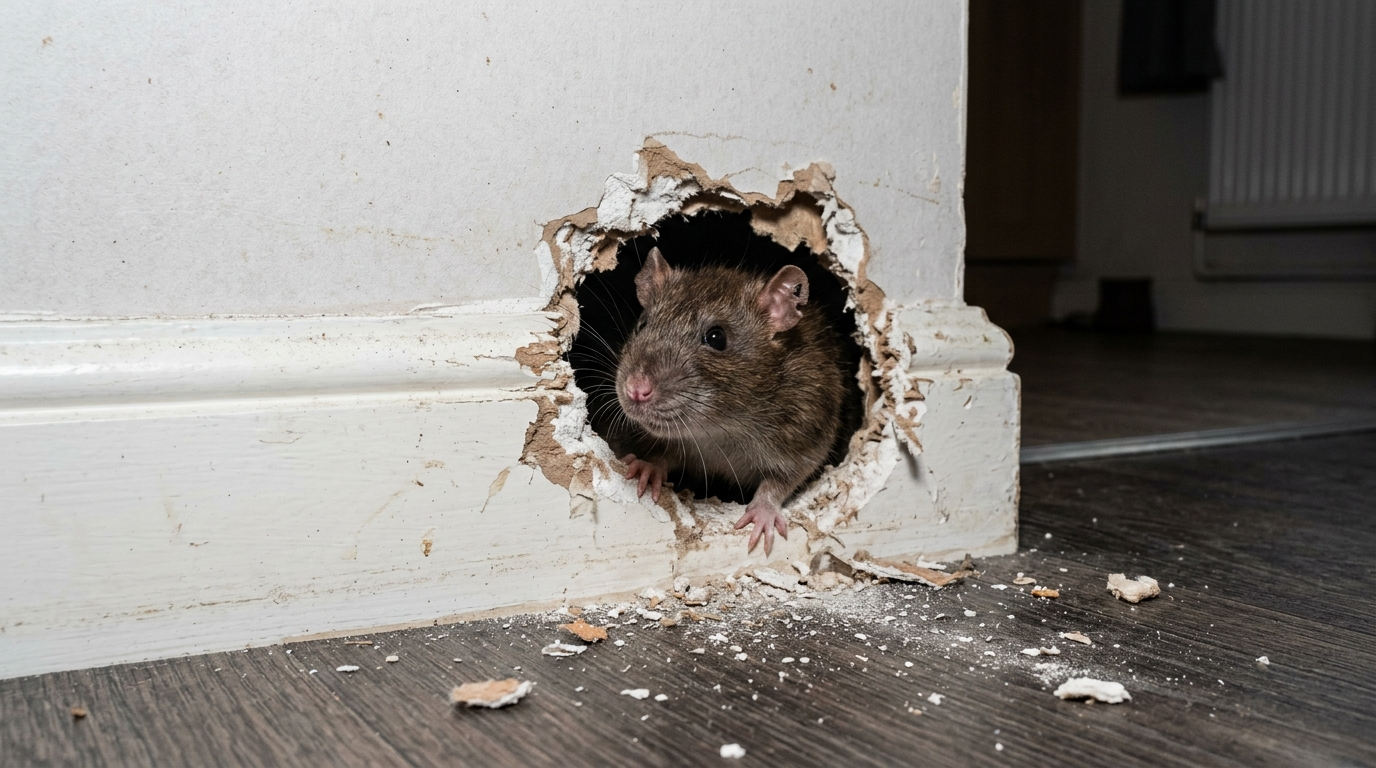 A brown rat squeezing through a gap where a pipe enters a wall