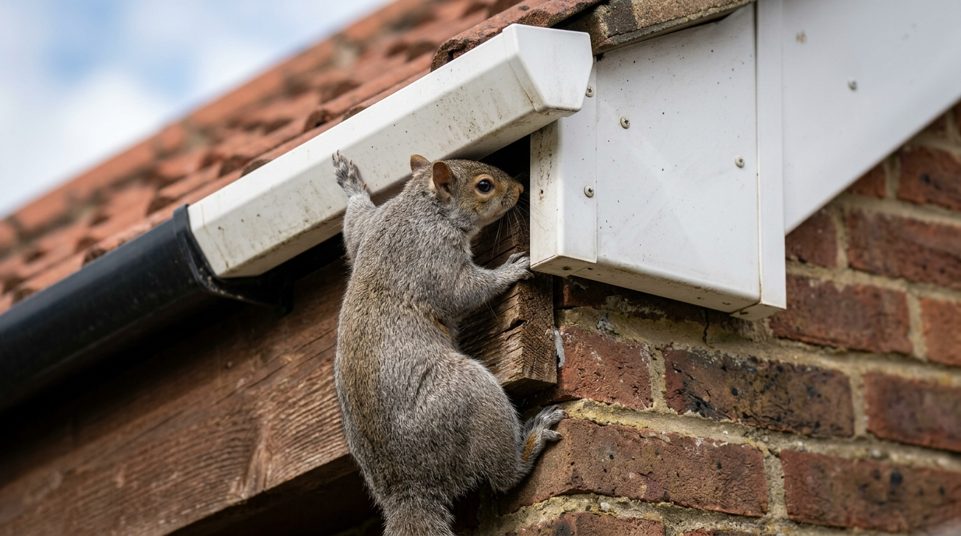 A grey squirrel climbing through a gap under a white UPVC soffit board